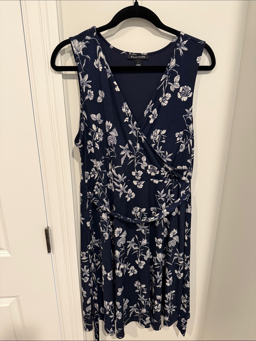 41 Hawthorn Knee Length Faux Wrap Navy Dress With Cream Floral Pattern